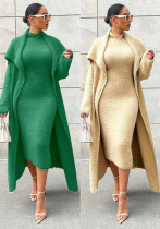 Autumn Winter Chic Fleece Dress Loose Long Cardigan Jacket Fashion Two Piece Set