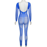 Fall Women'S Sexy See-Through Jacquard Cutout Solid High Waist long sleeve Tight Fitting Casual Jumpsuit Women