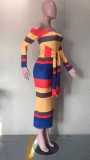 Fall Winter Women Fashion Colorful Striped Off Shoulder Long Sleeve long Dress