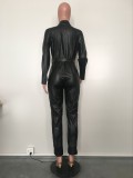 Fall/Winter Turndown collar Pu Leather Zipper Long Sleeve Jumpsuit