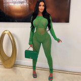Fall Women'S Sexy See-Through Jacquard Cutout Solid High Waist long sleeve Tight Fitting Casual Jumpsuit Women