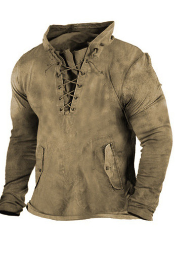 Blusa masculina vintage manga longa com cadarço e capuz