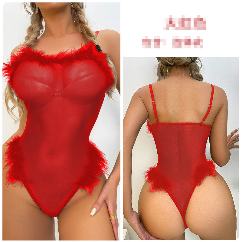 Sexy Tight Fitting Slim Fit Teddy Lingerie Fluffy Pajamas Mesh See-Through  Bodysuit - The Little Connection