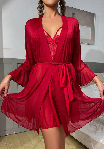 Conjunto de pijama de lingerie de malha transparente sexy feminino Temptation com costas baixas Robe Loungewear