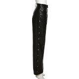 Fall Women'S Sexy Cutout High Waist Tight Fitting Button Slit PU Leather Casual Pants