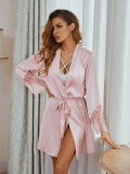 Sexy Lace Nightgown Satin Cardigan Temptation Homewear Female Pink Robe