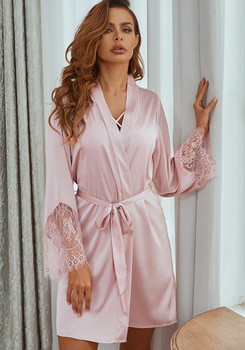 Sexy Lace Nightgown Satin Cardigan Temptation Homewear Female Pink Robe