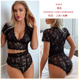 Sexy Lace V-neck Short Sleeve Lingerie Two-Piece Set