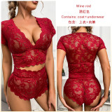 Sexy Lace V-neck Short Sleeve Lingerie Two-Piece Set