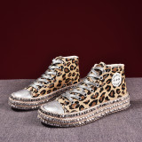 High-Top Fashion Canvas Shoes Women'S Spring And Autumn Casual Rhinestone Leopard Print Shoes