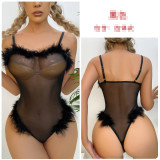 Sexy Tight Fitting Slim Fit Teddy Lingerie Fluffy Pajamas Mesh See-Through Bodysuit