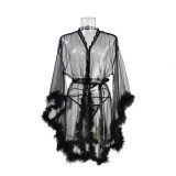 Mesh Erotic Lingerie See-Through Nightgown Temptation Sexy Lace Black Pajamas Female Robe