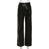 Fall Women'S Sexy Cutout High Waist Tight Fitting Button Slit PU Leather Casual Pants