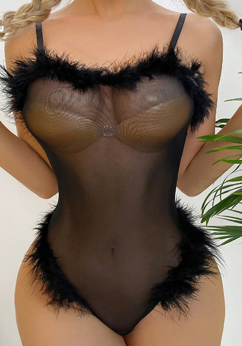 Sexy nauwsluitende slim fit teddy lingerie pluizige pyjama mesh doorzichtige bodysuit
