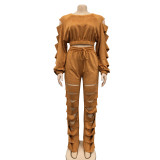 Women'S Fashion Solid Color Ripped Tether Long Sleeve Two-Piece Pants Set
