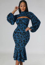 Women'S Autumn Leopard Print Puff Sleeve Cape Top Strapless Mermaid Dress Two-Piece Set