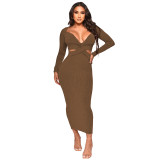 Autumn And Winter Ribbed Deep V-Neck Sexy Hollow Slim Dress