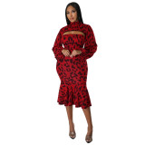 Women'S Autumn Leopard Print Puff Sleeve Cape Top Strapless Mermaid Dress Two-Piece Set