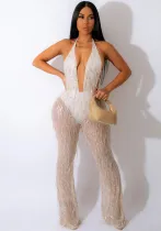 Women'S Fashion Sequined Tassel Mesh Halter Backless Nightclub Jumpsuit