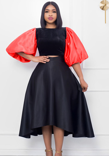 Top y falda de media manga con bloques de color para mujer de dos piezas