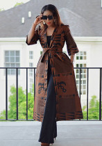 Women'S Digital Positioning Print Brown Long Fashion Trench Coat