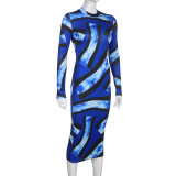 Women Color Block Print Round Neck Long Sleeve Maxi Dress