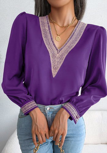 Women Lace V-Neck Long Sleeve Shirt