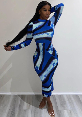 Dames maxi-jurk met kleurblokprint, ronde hals en lange mouwen