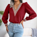 Women Lace V-Neck Long Sleeve Shirt
