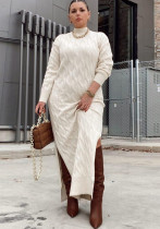 Fashion High Enneck Langarm-Schlitz-Long-Pullover-Kleid