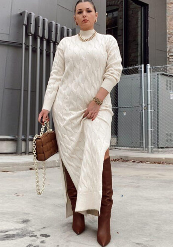 Moda Yüksek Yaka Uzun Kollu Yırtmaç Uzun Kazak Elbise