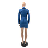 Women'S Fall Winter Suit Turndown Collar Sexy Slim Zipper High Stretch Denim Two Piece Skirt Set