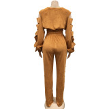 Women'S Fashion Solid Color Ripped Tether Long Sleeve Two-Piece Pants Set