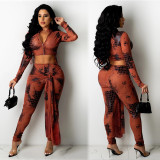 Ladies Printed Long Sleeve Tied Fashion Casual Two Piece Pants Set