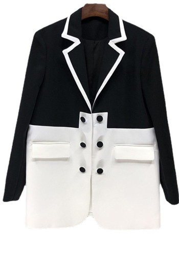Kadın Sonbahar Kış Kaban Şık Siyah ve Beyaz Colorblock Kruvaze Maxi Blazer