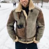 Faux Leather Men's Coat Winter Warm Turndown Collar Contrasting Color Fur Jacket
