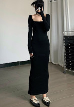 Women's Casual Chic Square Neck Long Sleeve Slim Fit Maxi Dress