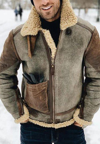 Kunstleder Herrenmantel Winter Warm Umlegekragen Kontrastfarbe Pelzjacke