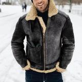 Faux Leather Men's Coat Winter Warm Turndown Collar Contrasting Color Fur Jacket