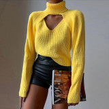 Women Casual Cutout Sweater Solid Turtleneck Two-Piece Set