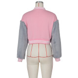 Winter Fashion Pink Letter Fake Fur Long Sleeve Zipper Baseball Jacket