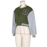 Winter Fashion Green Letter Fake Fur Long Sleeve Zipper Baseball Jacket