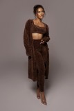 Women Casual Fleece Coat crop top and pant 3 Piece set
