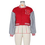 Winter Fashion Red Letter Fake Fur Long Sleeve Zipper Baseball Jacket