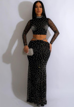 Womens Sexy Mesh Beaded See-Through Long Sleeve Top and Skirt Two Piece