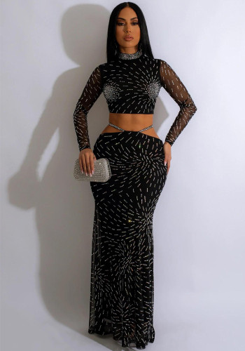 Falda y top de manga larga transparente con cuentas de malla sexy para mujer de dos piezas