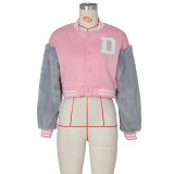 Winter Fashion Pink Letter Fake Fur Long Sleeve Zipper Baseball Jacket