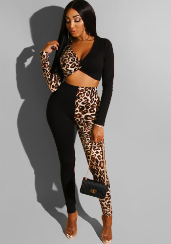 Top e pantaloni patchwork leopardati a maniche lunghe da donna in due pezzi
