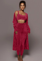 Damen Casual Fleece Mantel Crop Top und Hose 3-teiliges Set