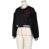 Winter Fashion Black Letter Fake Fur Long Sleeve Zipper Baseball Jacket